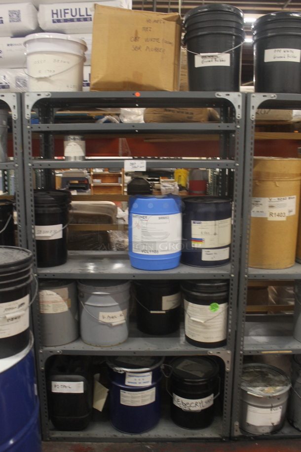 Gray Metal 6 Tier Shelving Unit w/ Contents Including Sartomer, Off White Ground Rubber and Oligomer. BUYER MUST REMOVE. - Image 1 of 8