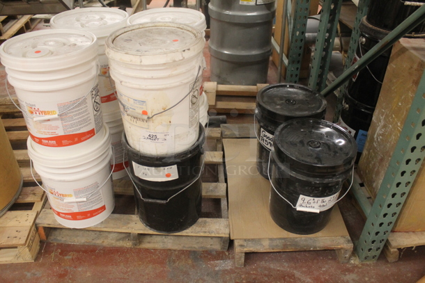 ALL ONE MONEY! TWO PALLET LOT of Poly Buckets of Various Items Including Hybrid Smart Finish Clear Gloss and Pliolite. BUYER MUST REMOVE. - Image 1 of 6