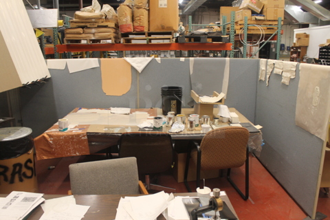 ALL ONE MONEY! Lot of Various Items Including Table w/ Contents, 2 Chairs and Gray Room Dividers. BUYER MUST REMOVE.