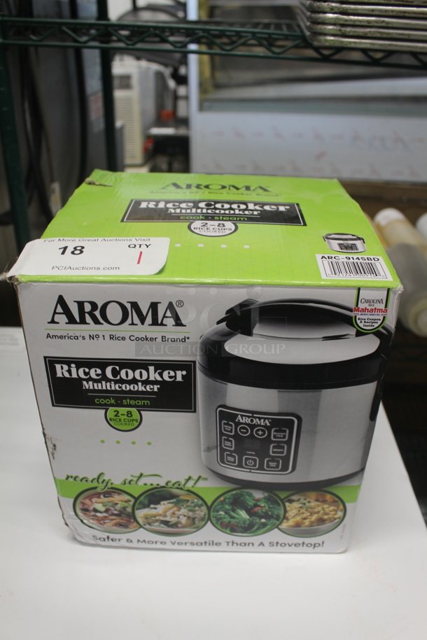 BRAND NEW IN BOX! Aroma ARC-914SBD Commercial Stainless Steel Countertop 2-8 Cup Rice Cooker. Stock Picture Used For Gallery Picture.  - Image 2 of 5