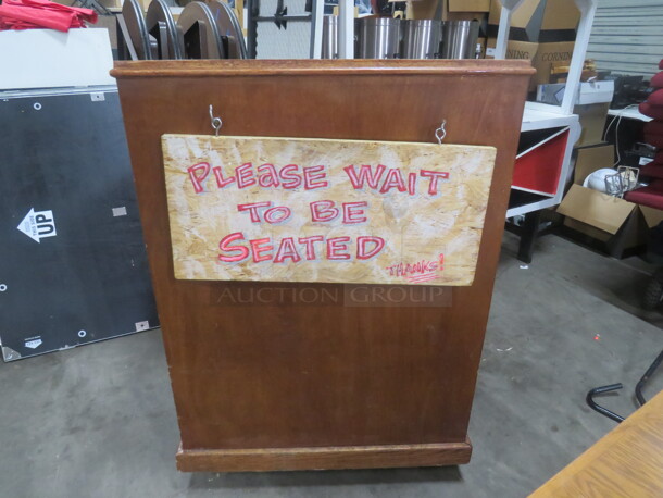 One Wooden Hostess Stand With Under Storage, On Casters, With A Please Wait To Be Seated Sign. 37X27X53 - Image 2 of 2