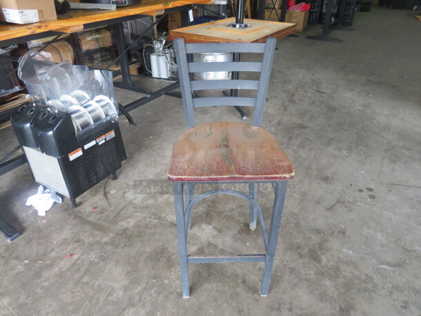 Metal Bar Height Chair With A Wooden Seat And Footrest. 3XBID
