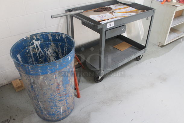 ALL ONE MONEY! Lot of Gray 2 Tier Cart, Metal Tripod and Blue Barrel - Image 2 of 3