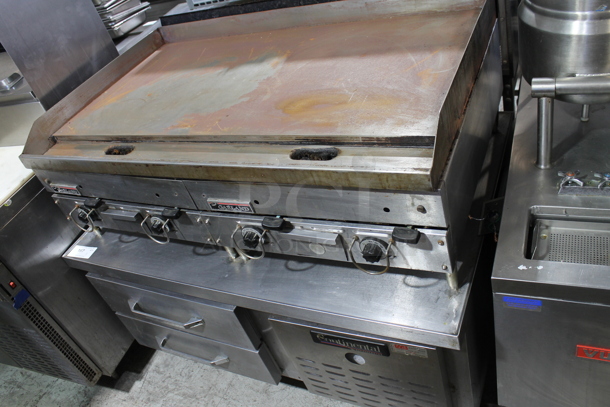 Garland Stainless Steel Commercial Countertop Natural Gas Powered Flat Top Griddle on Stainless Steel 2 Drawer Chef Base. Chef Base Tested and Working! - Image 2 of 5