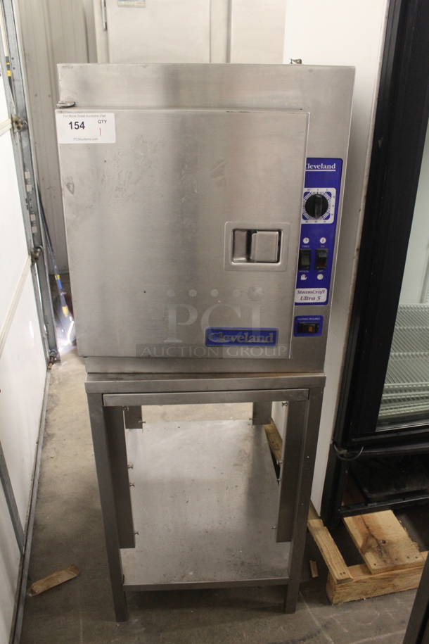 Cleveland Steam Craft Ultra 5 Commercial Stainless Steel Electric Powered Convection Steamer Range With Steel Racks On Stand With Undershelf. 