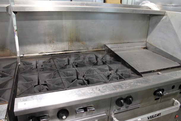 LATE MODEL! Vulcan 60SC-6B24GN Stainless Steel Commercial Natural Gas Powered 6 Burner Range w/ Right Side Flat Top Griddle, Convection Oven, Oven, Over Shelf and Back Splash. - Image 3 of 12