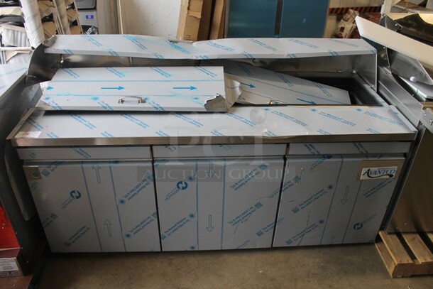 BRAND NEW SCRATCH AND DENT! 2023 Avantco 447APST72 Stainless Steel Commercial Sandwich Salad Refrigerated Prep Table Bain Marie Mega Top. Comes w/ Commercial Casters. 115 Volts, 1 Phase. Tested and Working! - Image 1 of 10
