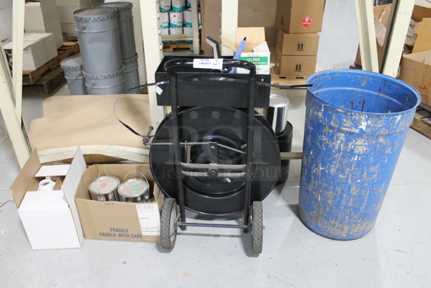 ALL ONE MONEY! Lot of Black Metal Pallet Strap Reel, Blue Barrel and Boxes w/ Tins.  - Image 1 of 8