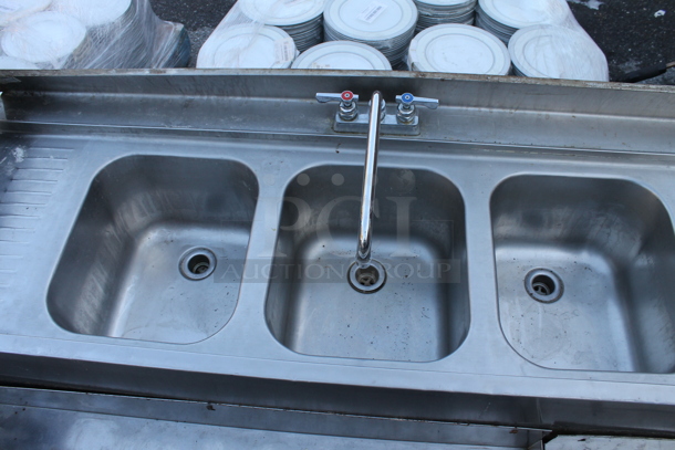 Stainless Steel 3 Bay Bar Sink w/ Dual Drain Boards, Right Side Ice Bin, 2 Speedwells, Faucet and Handles. Bays 12x14x9.5 - Image 4 of 7