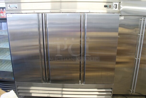 Avantco 178SS3FHC Stainless Steel Commercial 3 Door Reach In Freezer w/ Poly Coated Racks on Commercial Casters. 115 Volts, 1 Phase. Tested and Working!