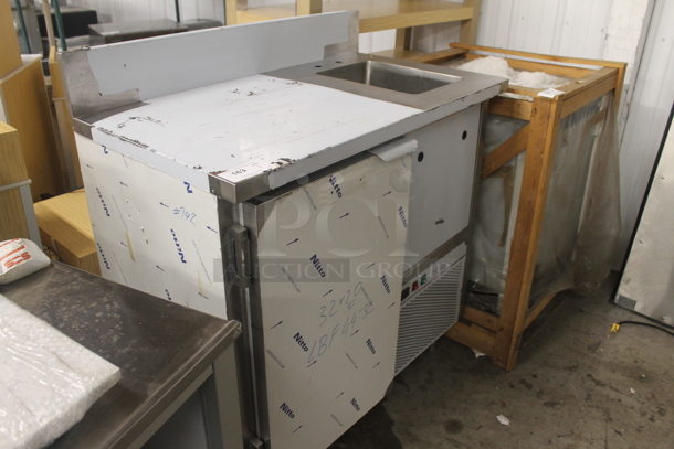 BRAND NEW SCRATCH AND DENT! Stainless Steel Commercial Single Door Work Top Cooler w/ Sink Basin, Back Splash and Door. Bay 11x15x11. Tested and Working! - Image 2 of 6