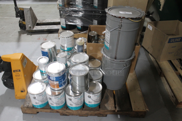 ALL ONE MONEY! PALLET LOT of Various Buckets and Tins Including Wet Set and Liquid Rubber. BUYER MUST REMOVE. - Image 1 of 4