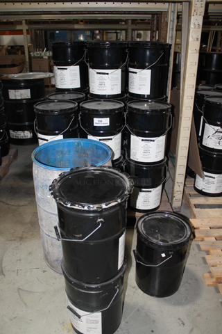 ALL ONE MONEY! PALLET LOT of Various Items Including Poly Buckets of MC Poly Restoration Coating White Part A. BUYER MUST REMOVE.