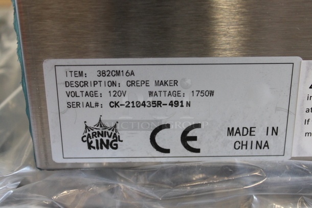 BRAND NEW SCRATCH AND DENT! Carnival King 382CM16A Stainless Steel Commercial Countertop Crepe Maker. 120 Volts, 1 Phase. Tested and Working! - Image 4 of 4