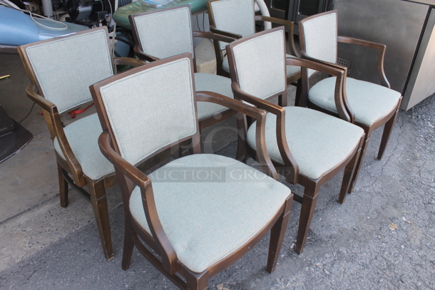 6 Wooden Dining Height Chairs w/ Arm Rests and Blue Seat Cushion. 6 Times Your Bid! - Image 2 of 4