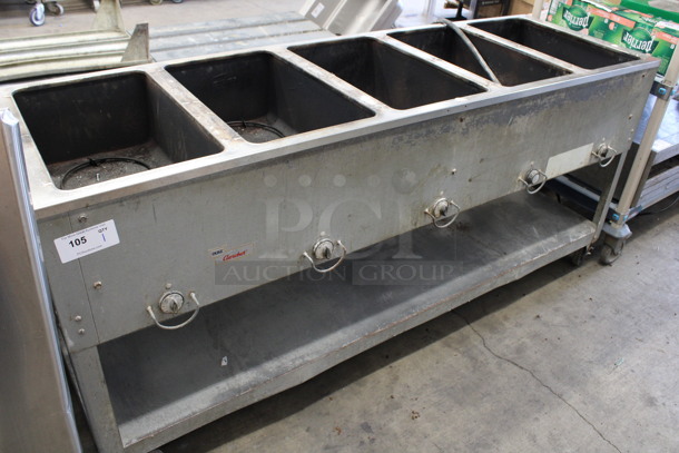Metal Commercial Electric Powered 5 Bay Steam Table w/ Metal Under Shelf on Commercial Casters. 240 Volts, 1 Phase. 72.5x22.5x33.5