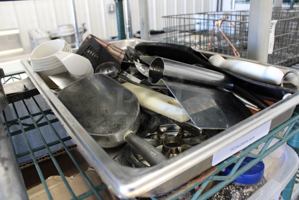 ALL ONE MONEY! Lot of Various Utensils Including Scraper, Dough Divider and Poly Spatulas in Stainless Steel Full Size Drop In Bin! - Image 3 of 6