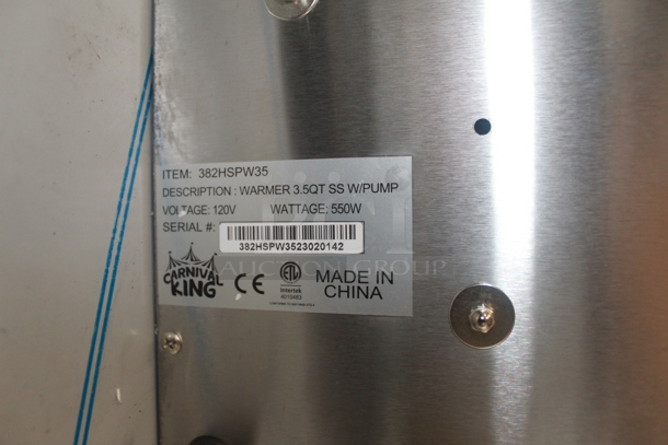 BRAND NEW IN BOX! Carnival King 382HSPW35 Stainless Steel Commercial Countertop 3.5 Quart Food Warmer w/ Pump. 120 Volts, 1 Phase. Tested and Working! - Image 7 of 7