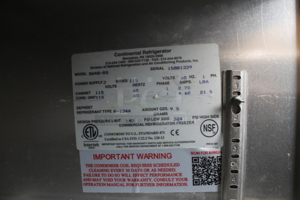 2018 Continental SW48-BS Stainless Steel Commercial 2 Door Work Top Cooler w/ Backsplash. 115 Volts, 1 Phase. Tested and Working! - Image 4 of 4