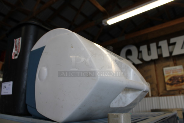 ALL ONE MONEY! Lot of Black Poly Trash Can and Blue / White Poly Portable Cooler. 9x14x15, 14x11x13 - Image 3 of 3