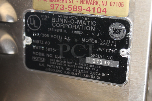 Bunn U-3 Stainless Steel Commercial Countertop Coffee Machine. 120/208 Volts, 1 Phase.  - Image 6 of 7
