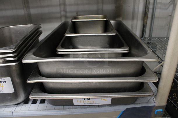ALL ONE MONEY! Lot of 7 Various Stainless Steel Drop In Bins! Includes Full Size, 1/2 Size, 1/4 Size and 1/9 Size.