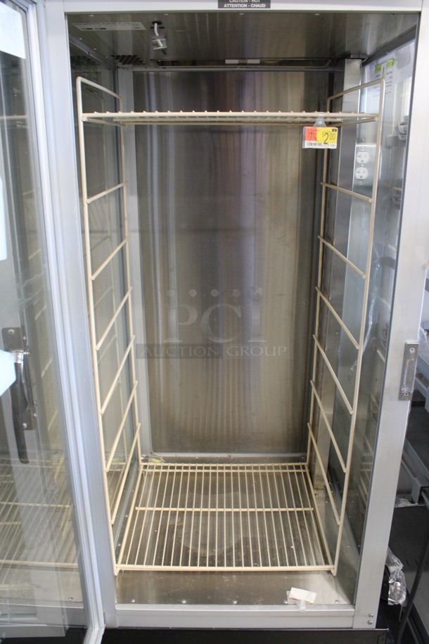 Hatco Model PFST-1X Stainless Steel Commercial Heated Single Door Reach In Merchandiser w/ Poly Rack on Commercial Casters. 120 Volts, 1 Phase. 24.5x24x70. Tested and Does Not Power On - Image 4 of 5