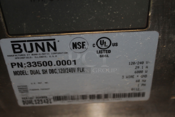 2012 Bunn DUAL SH DBC Stainless Steel Commercial Countertop Coffee Machine w/ 2 Satellite Servers. 120/240 Volts, 1 Phase.  - Image 4 of 4
