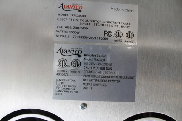 BRAND NEW IN BOX! Avantco 177IC3500 Stainless Steel Commercial Countertop Electric Powered Single Burner Induction Range. 208/240 Volts, 1 Phase. Tested and Working! - Image 5 of 6