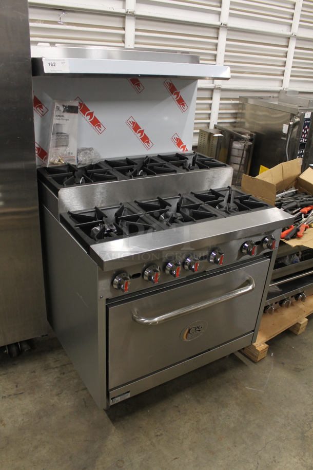 BRAND NEW SCRATCH AND DENT! Cooking Performance Group CPG 351S36SUL Stainless Steel Commercial Propane Gas Powered 2 Tier 6 Burner Range w/ Oven, Back Splash and Over Shelf. 210,000 BTU. Tested and Working!
 - Image 1 of 8