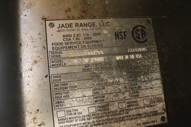 Jade Range JTRH-2-24IP Commercial Stainless Steel Heavy Duty Natural Gas Powered Range With Fry Top, Hot Top, Broiler, 2 Overshelves, And Box Of Additional Parts On Commercial Casters. - Image 7 of 8