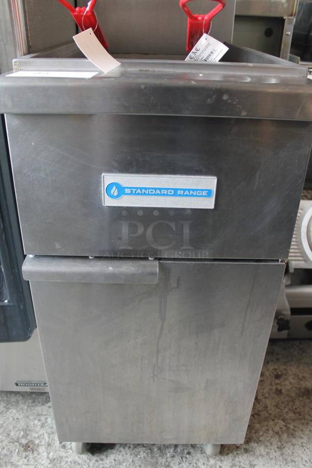 Standard Range SR-F4-LP Stainless Steel Commercial Floor Style Propane Gas Powered Deep Fat Fryer w/ 2 Metal Fry Baskets on Commercial Casters. 120,000 BTU. - Image 4 of 10