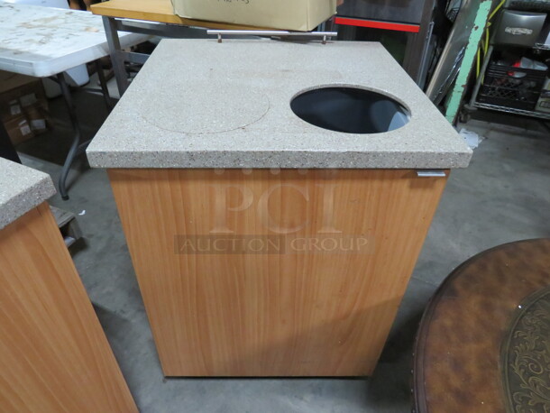 One Brown Laminate 1 Door Trash Receptacle  With Granite Look Top, On Casters, And 2 Slim Jim Trash Cans.  - Image 2 of 3