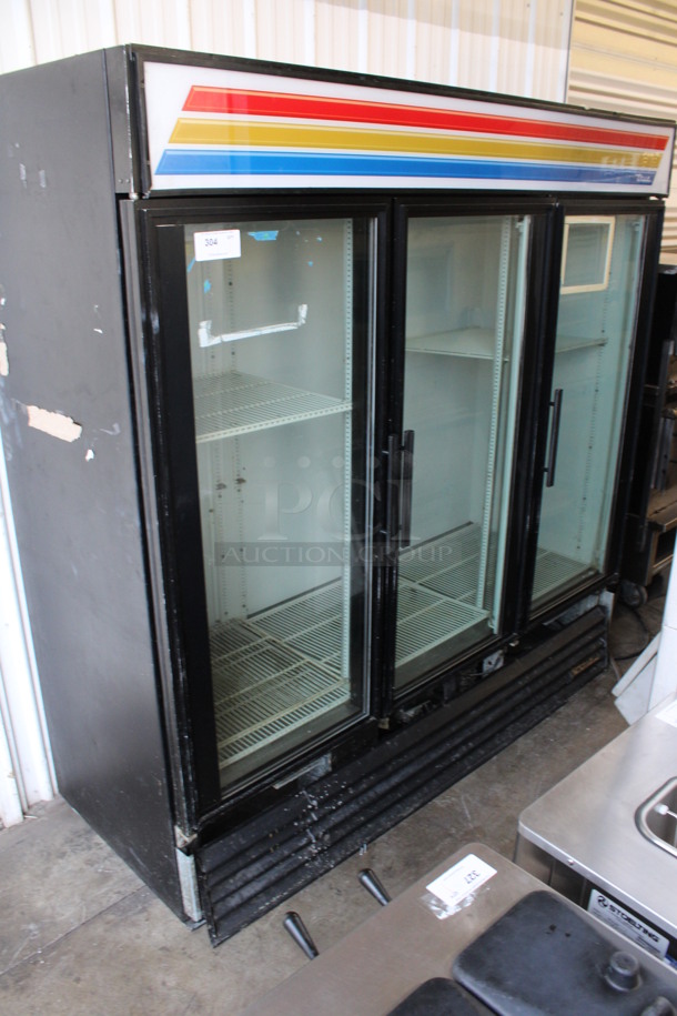 True Model GDM-72 Metal Commercial 3 Door Reach In Cooler Merchandiser w/ Poly Coated Racks. 115 Volts, 1 Phase. 78x30x79.5. Tested and Working!