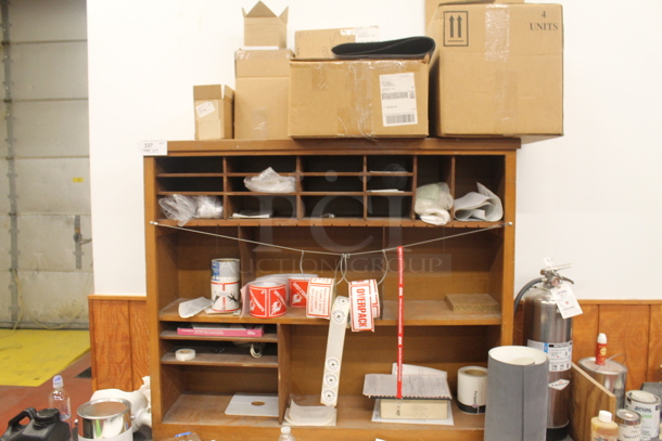 Wood Pattern Shelving Unit w/ Contents. BUYER MUST REMOVE. - Image 1 of 2