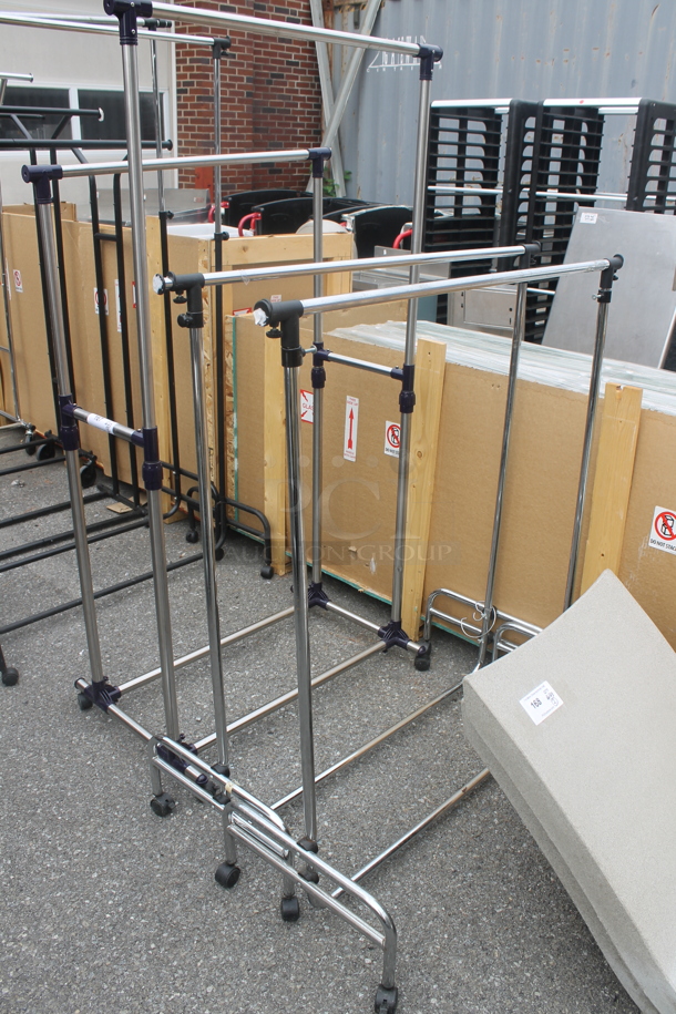 3 Chrome Finish Metal Clothing Racks on Commercial Casters. 41.5x16x48, 34.5x22x54.5. 3 Times Your Bid! - Image 3 of 4