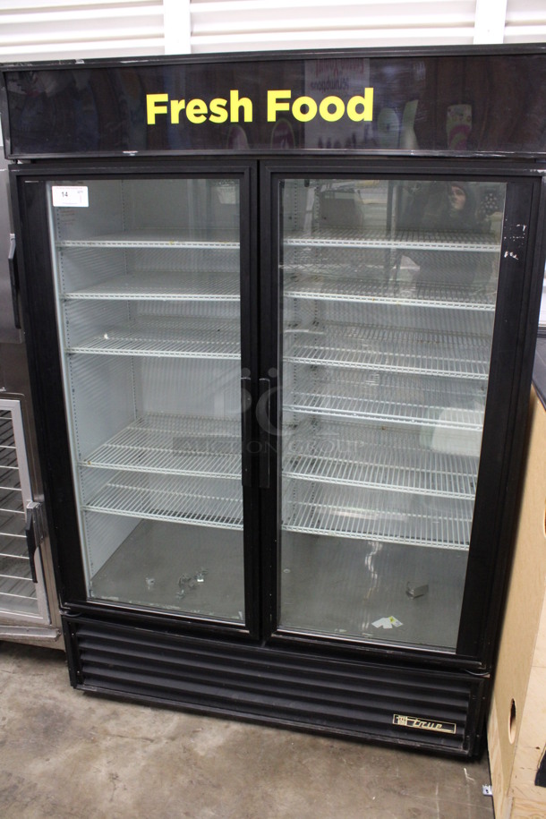 True Model GDM-49 Metal Commercial 2 Door Reach In Cooler Merchandiser w/ Poly Coated Racks. 115 Volts, 1 Phase. 54x30x79. Tested and Powers On But Trips Breaker
