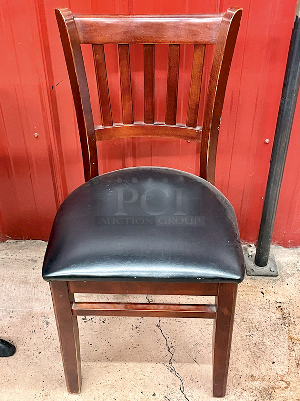 PREMIUM! Vertical Wood Slat Restaurant Chair With High Quality Padded Seating, Mahogany Finish. 17x21x30 3x Your Bid - Image 1 of 6