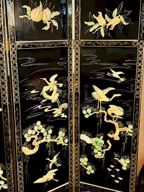 BEAUTIFUL!! Adjustable 4 Panel Room Divider, Different Designs On Front & Back Wood. Minor Signs of Ware, 71” Wide. - Image 7 of 12