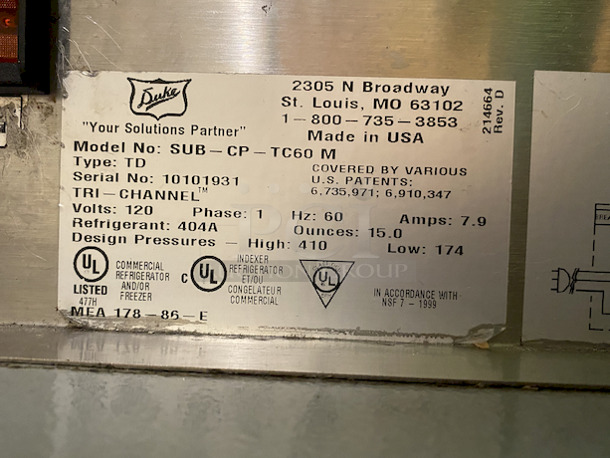 AMAZING! 60" Duke Model SUB-CP-TC60M Sandwich Prep station w/ Tri-Channel Cold Pan, 2 Poly Cutting Boards and Retractable Sneeze Guard. 120 Volts, 1 Phase. 60x34.5x57.

Tested, In Perfect Working Order.  - Image 6 of 8