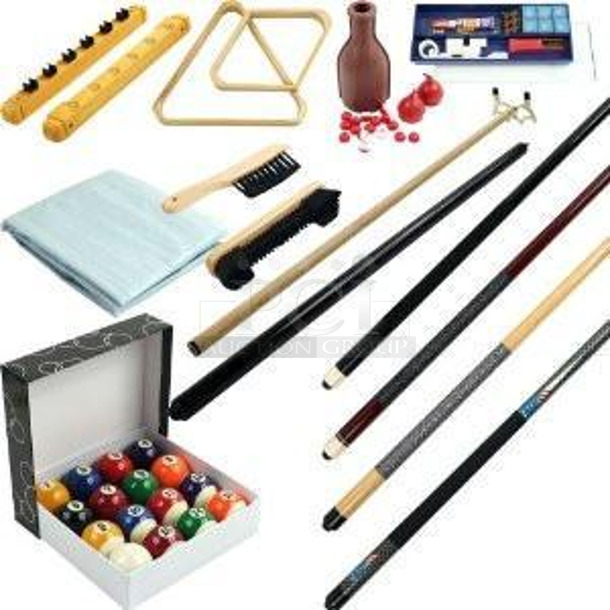 NEW/NEVER USED!! Trademark Commerce 40-AK13 32 Piece Billiards Accessories Kit for your Pool Table. Includes: Billiard Balls, Cues, Stick Repair, Table Brush, Table Cover, Tally Bottle, and More by - Image 1 of 2