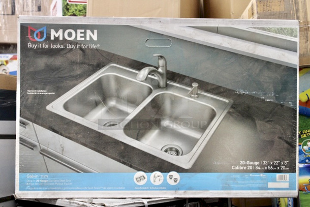 SPLENDIFEROUS!! Moen Galvin Drop-In 22-in x 33-in Stainless Steel Double Equal Bowl 2-Hole Kitchen Sink All-in-one Kit. 