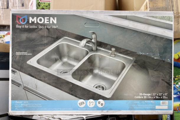 SPLENDIFEROUS!! Moen Galvin Drop-In 22-in x 33-in Stainless Steel Double Equal Bowl 2-Hole Kitchen Sink All-in-one Kit.  - Image 1 of 7