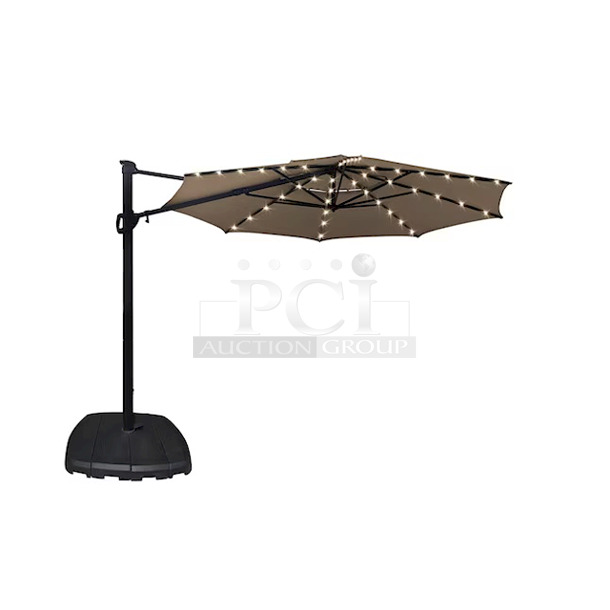 SimplyShade 11-ft 42-LED Light Cantilever Umbrella with Base, Solar/AC Powered. Color: Greige. Includes: 120 volt AC Adapter Cord. 360-Degree pivoting Hub W/ Foot Pedal To Swing Canopy Horizontally. 11-ft x 11-ft x 8.32-ft - Image 5 of 12