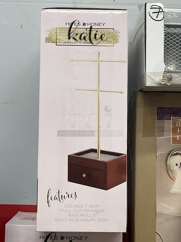 Bed / Bath Storage & Organization  – (2) Hives & Honey – Katie – Jewelry Stands; (4) Mainstays 24-Pocket Over The Door Shoe Organizers; (1) White Over The Door Rack; (1) Allen + Roth 3 Shelf Recessed Mount Brushed Nickel Finish Medicine Cabinet Fits 14”x24” Rough Opening; (7) Hives And Honey Wall Monet Jewelry Organizers; (11) 4 10-1/2” x 10-1/2” Sheets of Peel & Stick Tiles.  - Image 9 of 12