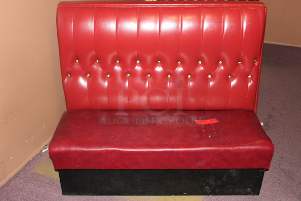 OUTSTANDING! Ruby Red Button Tufted Double Booth Seating, Fully Upholstered, Heavy Duty Hardwood Frame and Removable Seat - 46x46x42 - Minor cosmetic damage from wear. - Image 2 of 3
