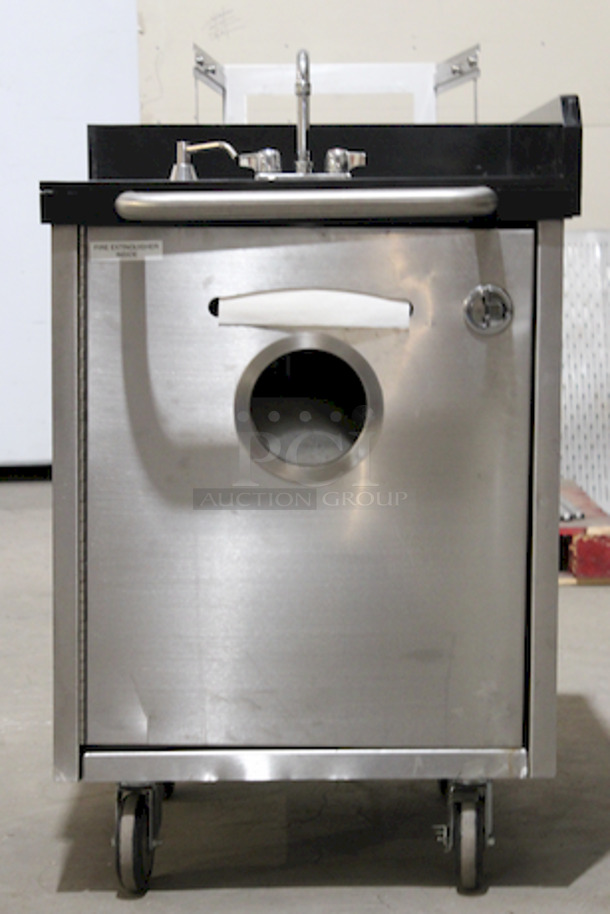 OUTSTANDING! Marble Top Mobile Hand Sink W/Hot Water Booster, Clean and Gray Water Tanks and, Hand Towel Dispenser On Door. On Commerical Casters. 26-1/8x30-1/2x40 - Image 2 of 9