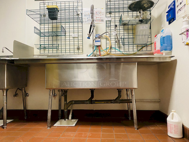 BEAUTIFUL!! Duke Manufacturing SDTS-2116-32-18C 83" Stainless Steel Three Compartment Sink.                  .Condition: 9/10                      . Unit comes With Double Drainboards and Pre-Rinse Unit with Add a Faucet.                          . Sink bowls are 16x21x14 Inches Deep and Drainboards 18 inches wide.                                . 83x27x44 - Image 5 of 6
