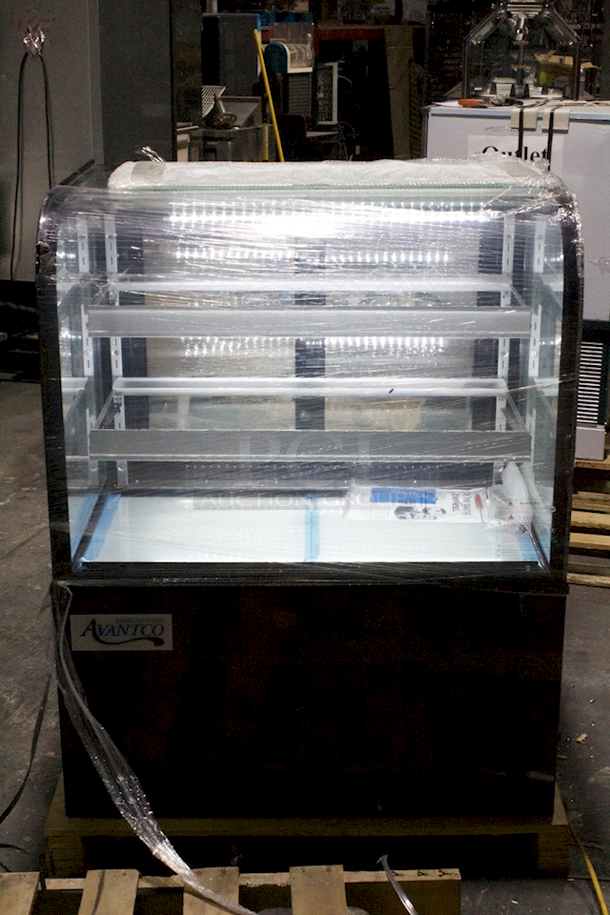 Avantco BC-36-HC 36" Curved Glass Black Refrigerated Bakery Display Case On Commercial 2" Casters With Adjust Glass Shelves & LED Lighting. Tested. Works Perfect. Exterior/Outer Glass is Damaged on Right Side. Interior Glass Is Fine. See Photos. - Image 2 of 5