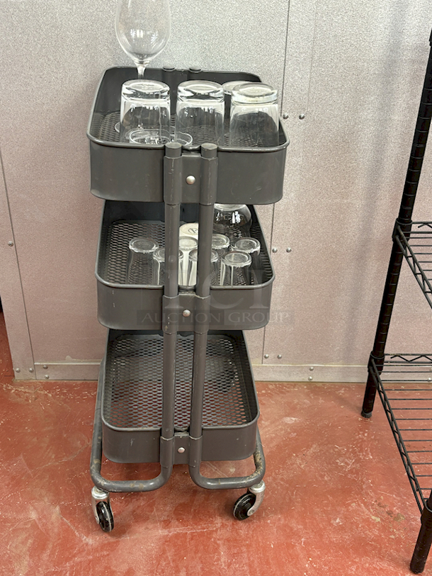NICE!! 3 Shelf Rolling Cart Perfect For Glass Transport. Includes Glasses. - Image 6 of 7